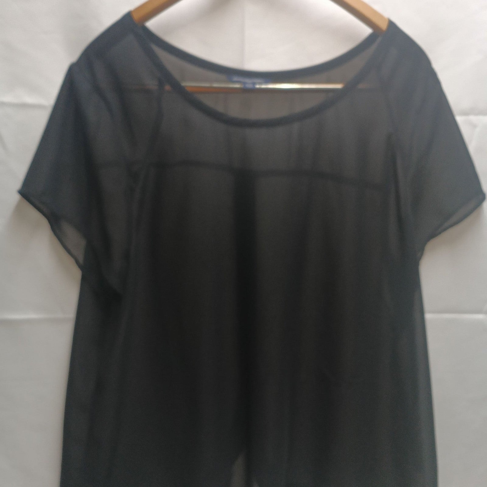 American Eagle Black Sheer Chiffon Short Sleeve Top with Overlay Back Size XL