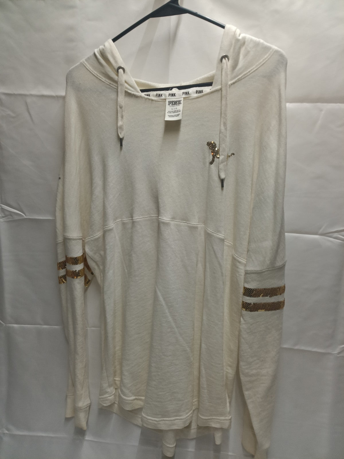 PINK Victoria's Secret Women Hoodie L White Dog Lettering Sequin READ