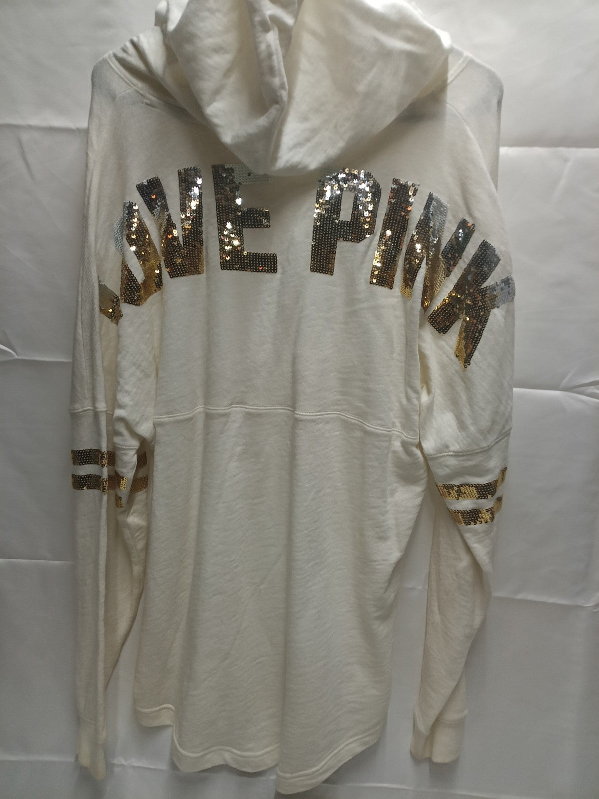 PINK Victoria's Secret Women Hoodie L White Dog Lettering Sequin READ