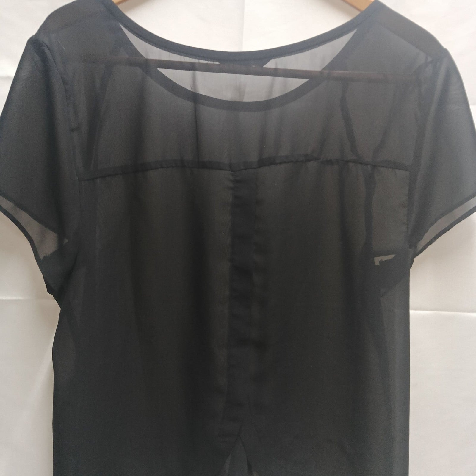 American Eagle Black Sheer Chiffon Short Sleeve Top with Overlay Back Size XL