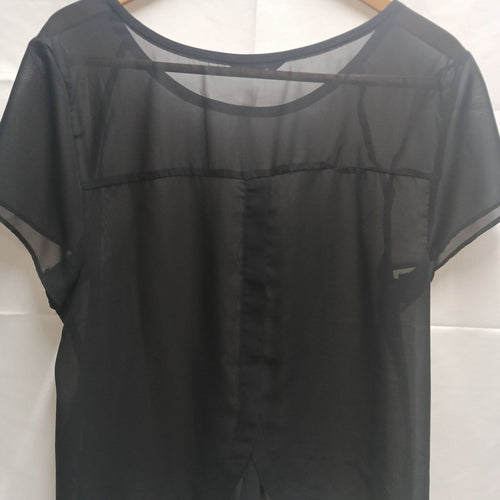 American Eagle Black Sheer Chiffon Short Sleeve Top with Overlay Back Size XL