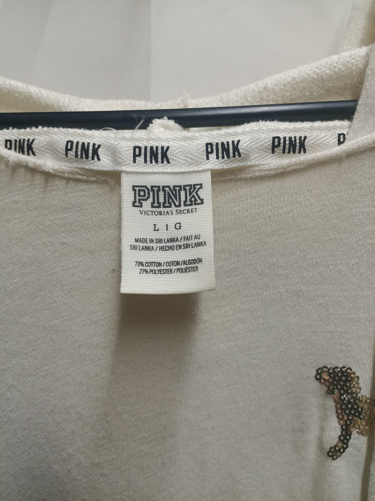 PINK Victoria's Secret Women Hoodie L White Dog Lettering Sequin READ
