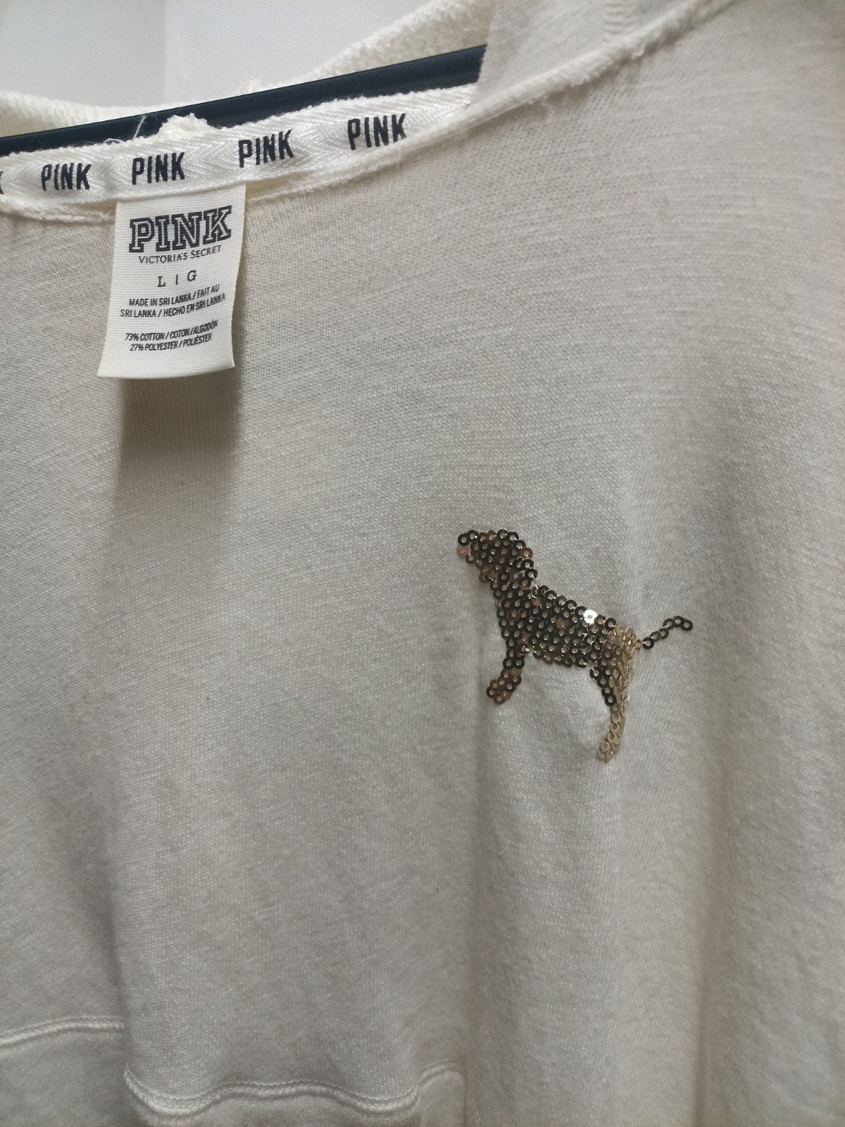 PINK Victoria's Secret Women Hoodie L White Dog Lettering Sequin READ